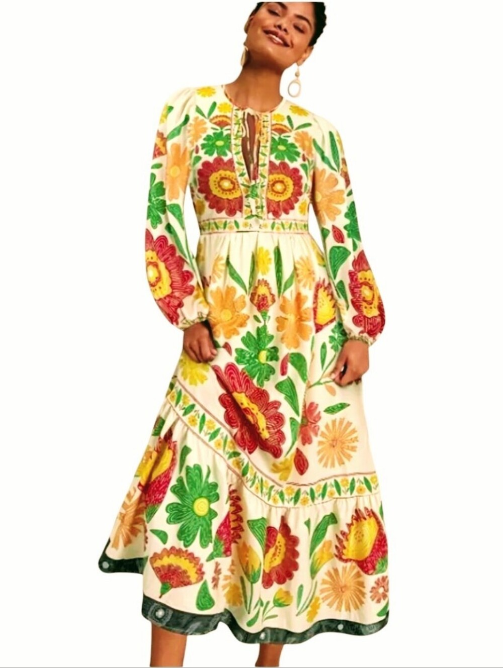 New Floral Tie-Neck Midi Dress in Cream with Red, Yellow & Green Print